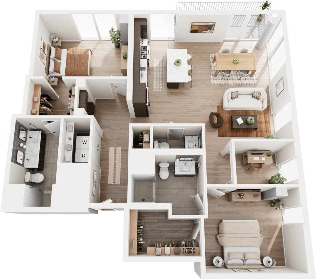 3D two-bedroom floorplan of The Taylor