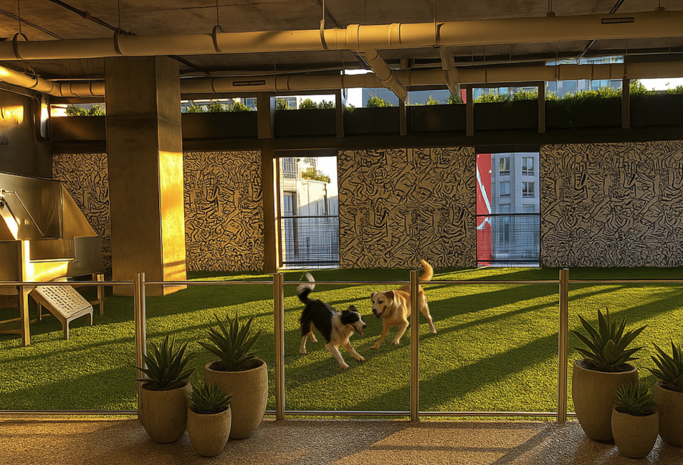 Two dogs play on artificial grass in a fenced, indoor-outdoor pet area at Paseo, surrounded by potted plants and modern decor. Sunlight casts long shadows through large windows onto the scene.
