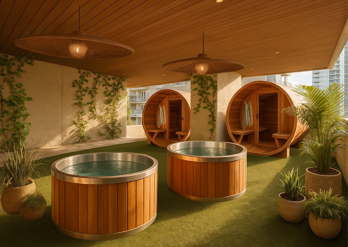 A luxurious spa area along the Paseo features two round wooden hot tubs and three barrel-shaped wooden saunas, surrounded by potted plants and greenery under a wooden ceiling with woven pendant lights.