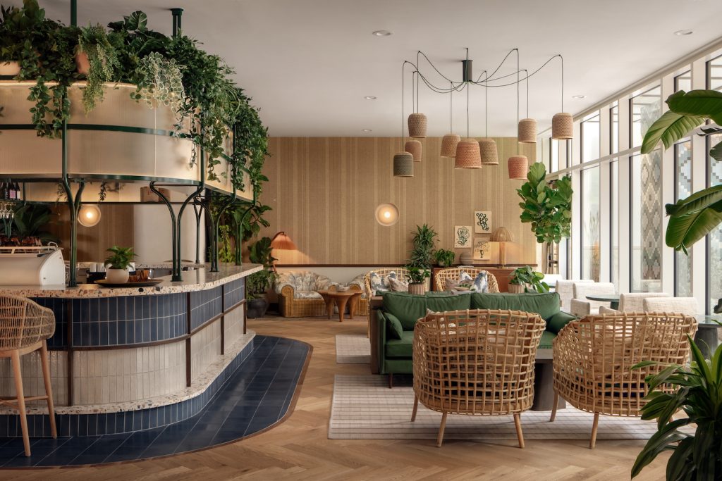 A cozy, modern cafe on Paseo with natural light, green plants, wicker chairs, a green sofa, wooden floors, and pendant lights. The space features a curved counter with navy tiles and a warm, inviting atmosphere.