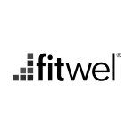 The Fitwel logo featuring a pattern of nine black and grey squares forming a staircase shape to the left of the word “fitwel” in bold, black lowercase letters on a white background.