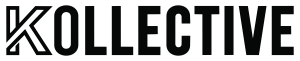 The image displays the word KOLLECTIVE in bold, black, uppercase letters. The letter K is stylized with geometric lines, while the remaining letters use a solid, modern font on a light background, evoking a sense of wellness and balance.