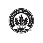 Black and white circular logo of the U.S. Green Building Council with three oak leaves in the center and the words “U.S. Green Building Council,” “LEED,” and “USGBC” around the border.
