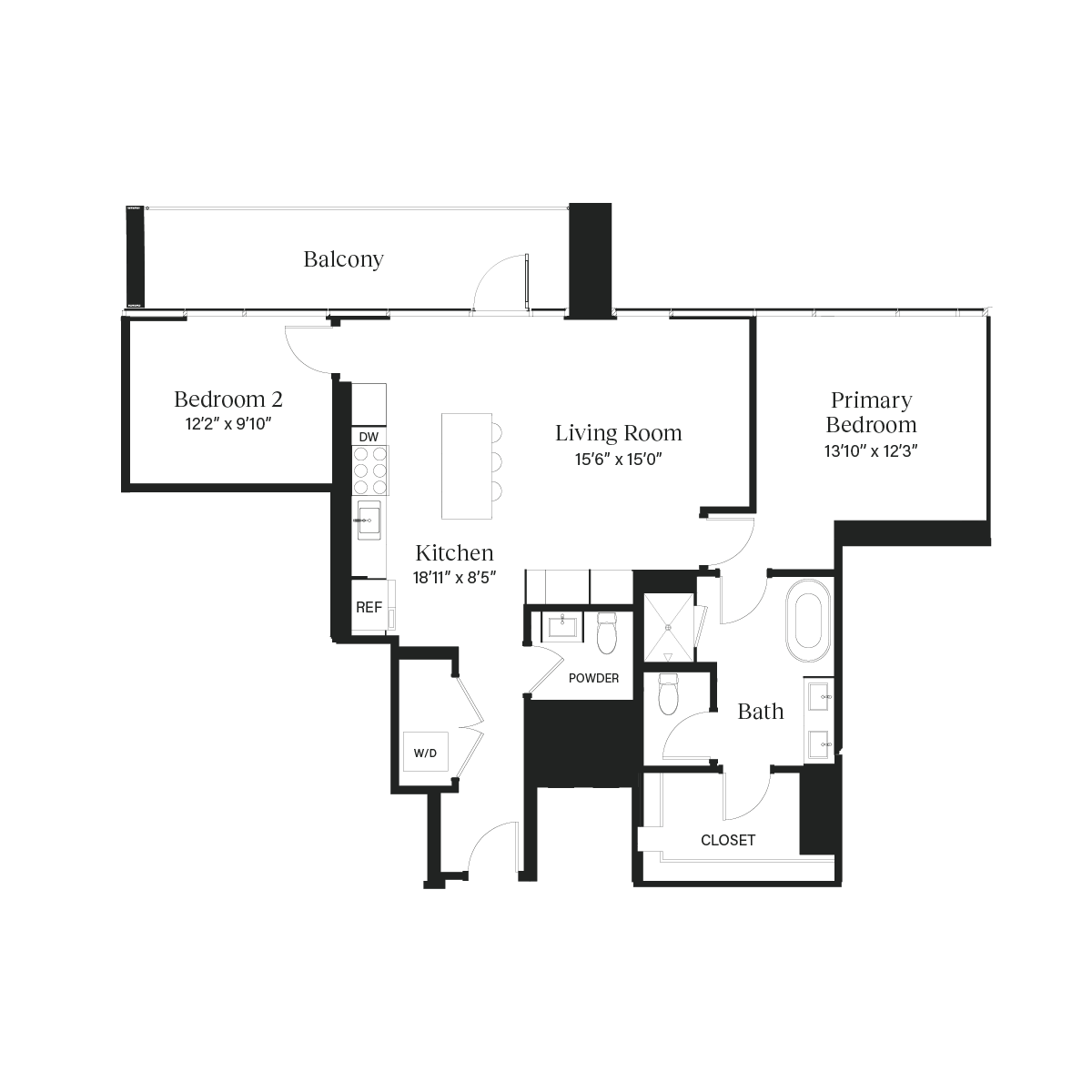 Floor plan of a two-bedroom apartment featuring a primary bedroom with ensuite bath and closet, a second bedroom, living room, kitchen, additional bath, powder room, and a balcony.