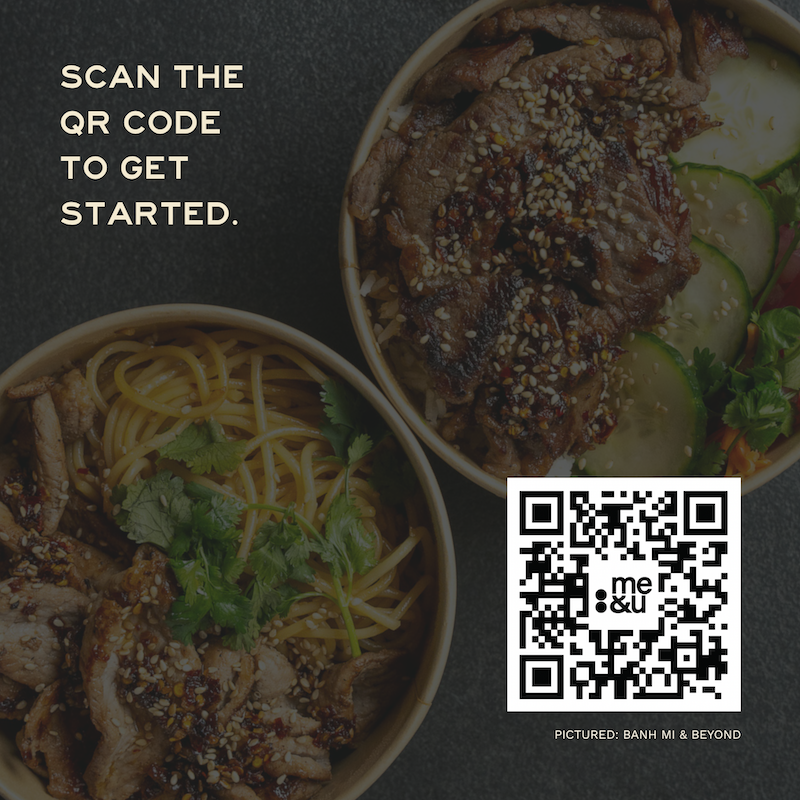 Two bowls of Vietnamese food with noodles and meat beside a QR code. Text reads: Scan the QR code to get started. Captions: Pictured: Banh Mi & Beyond, now new at Paseo.